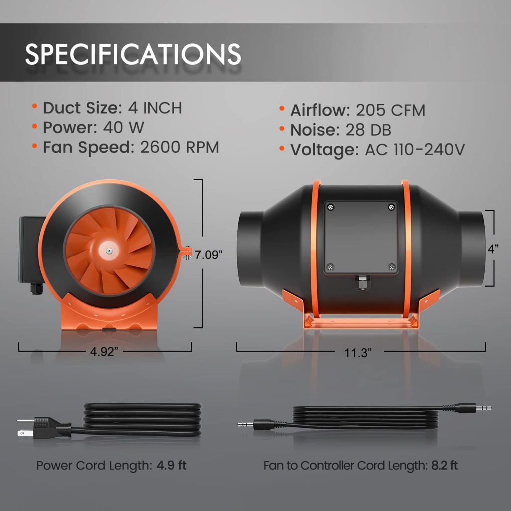 specifications of intelligent 4 inch inline fan